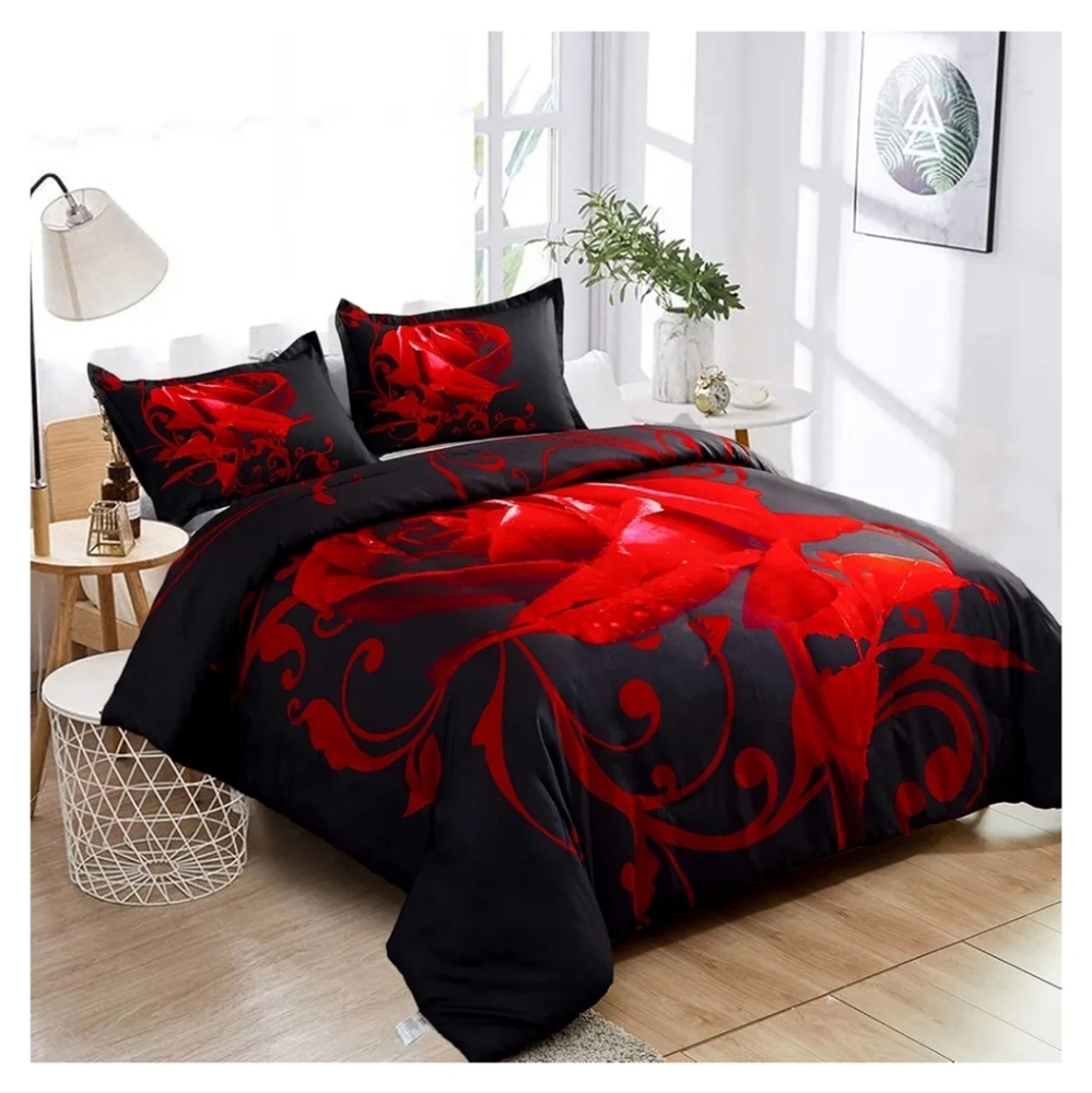 WONGS BEDDING Reversible Red Rose Duvet Cover 3 Pieces with Zipper Closure